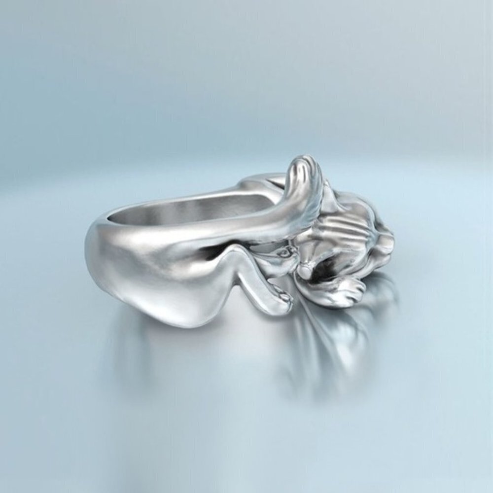 💍 Stretching Cat Simulation Cute Animal Silver Lovely Ring for Women, PD678 - Picture 5 of 5